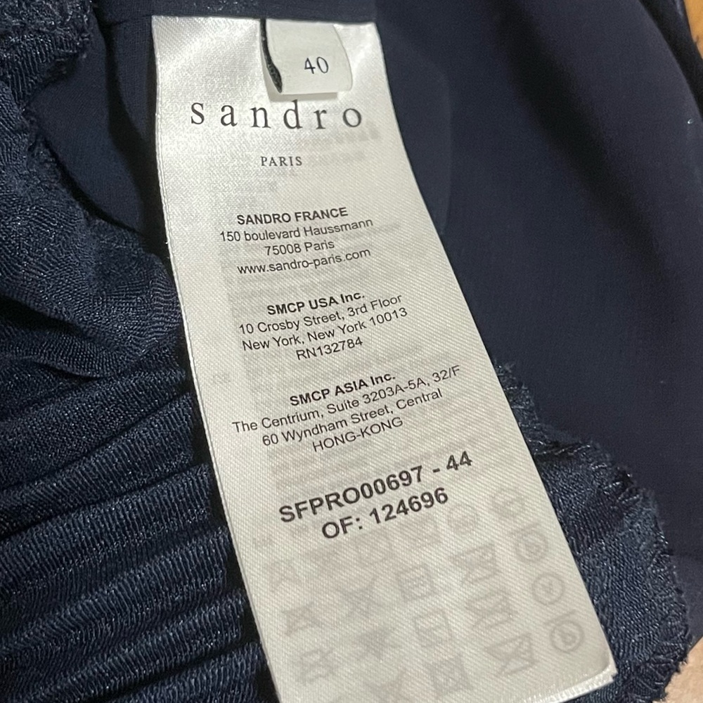 Sandro Paris Navy Pleated Satin Midi Dress Boat Neck V-Back EU 40 - Picture 5 of 13